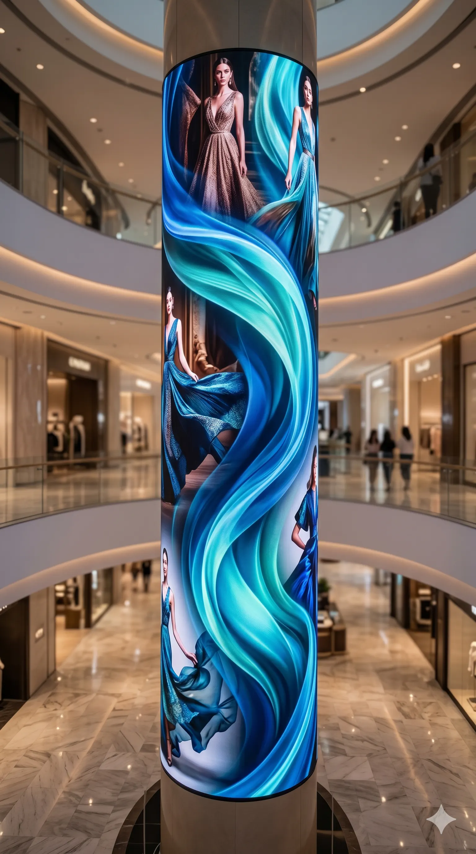 Curved LED display wrapped seamlessly around a column in a shopping mall