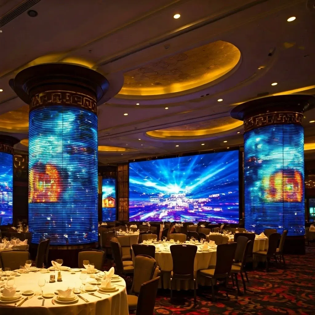 LED columns and wall displays wrapping a banquet restaurant interior