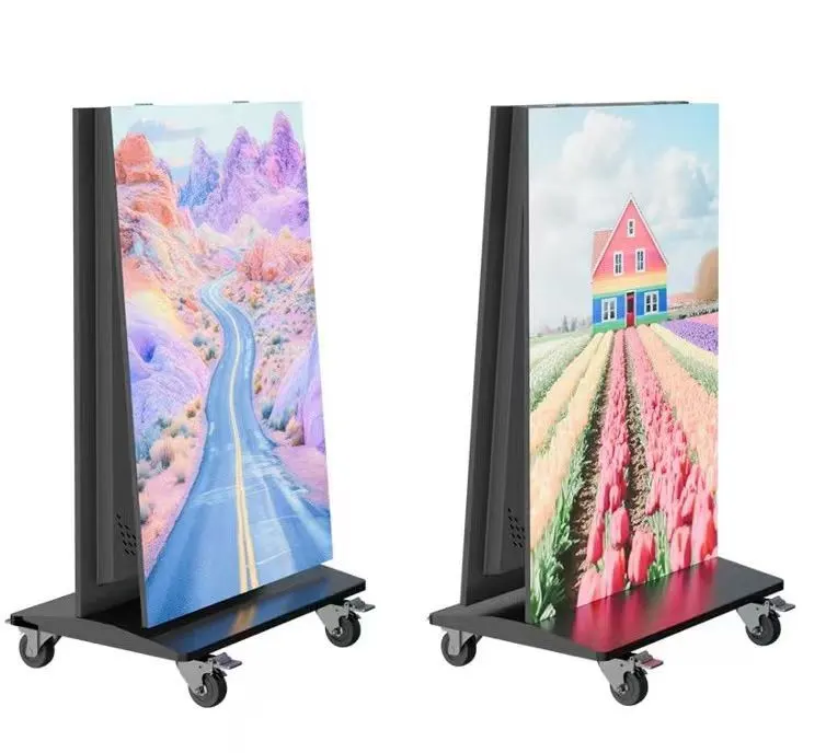 Dual-sided movable LED poster display on a wheeled floor stand