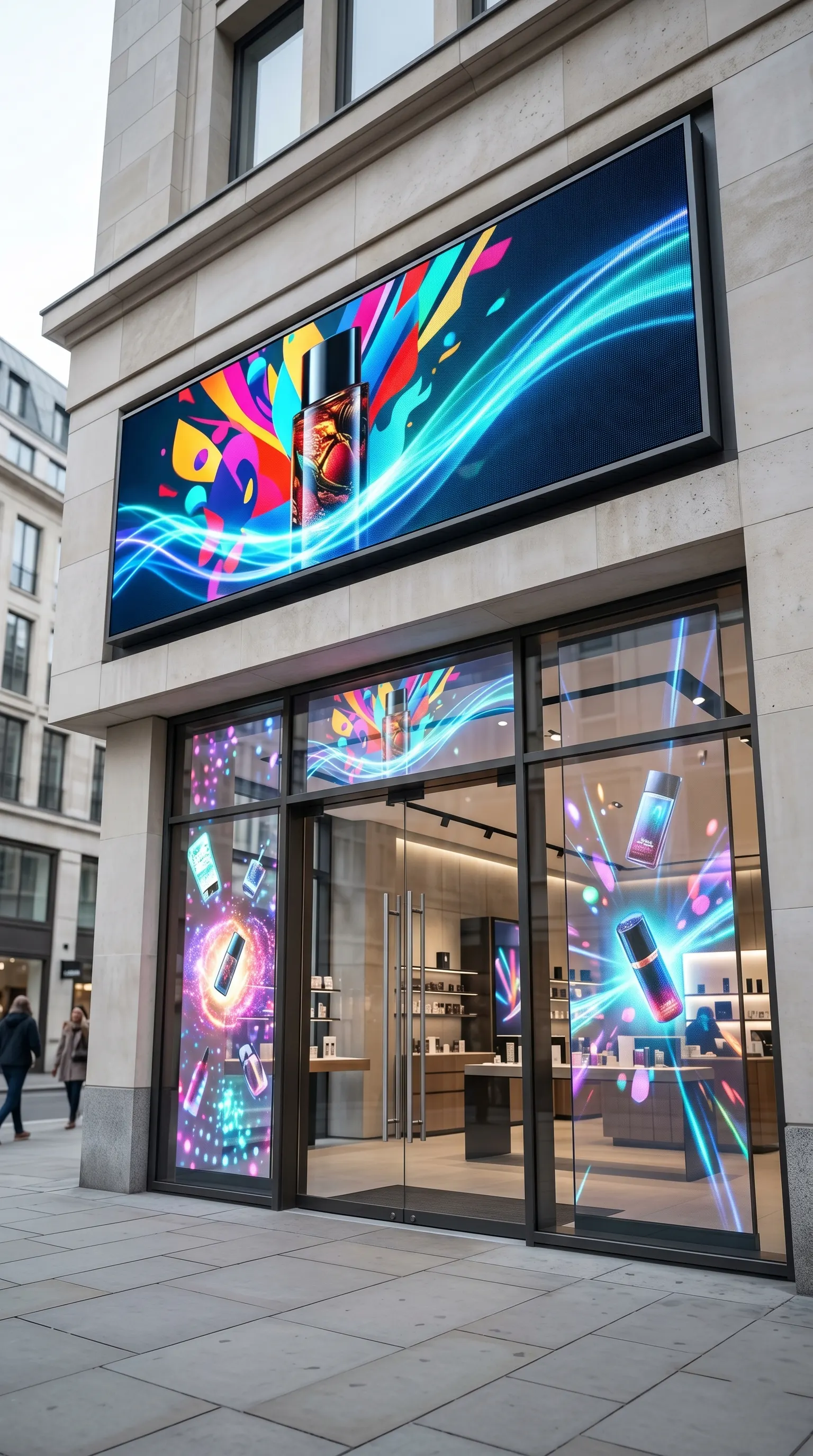 Storefront with an LED sign above the entrance and transparent LED on the window glass