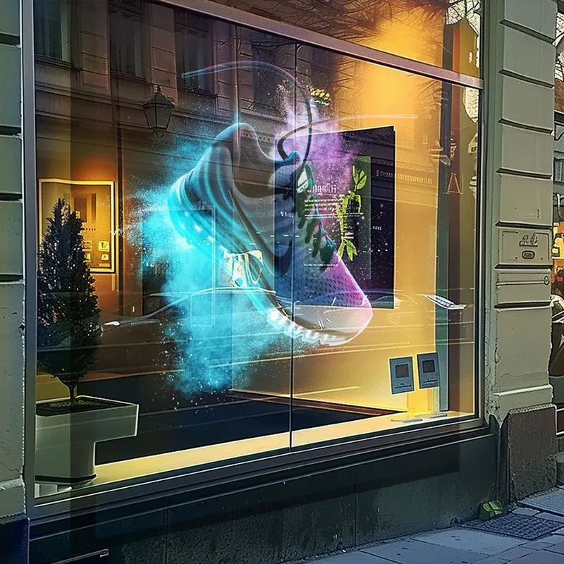 Sneaker appearing to float holographically in a shop window