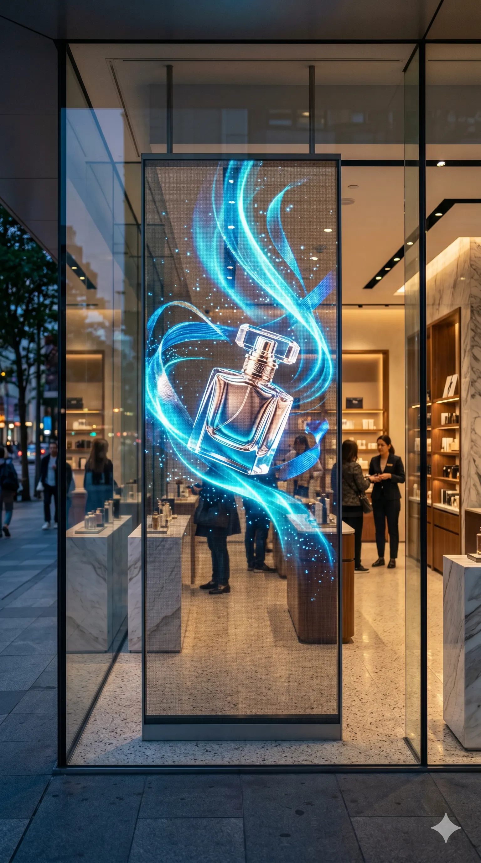 Transparent LED display on a glass storefront showing a glowing perfume advertisement