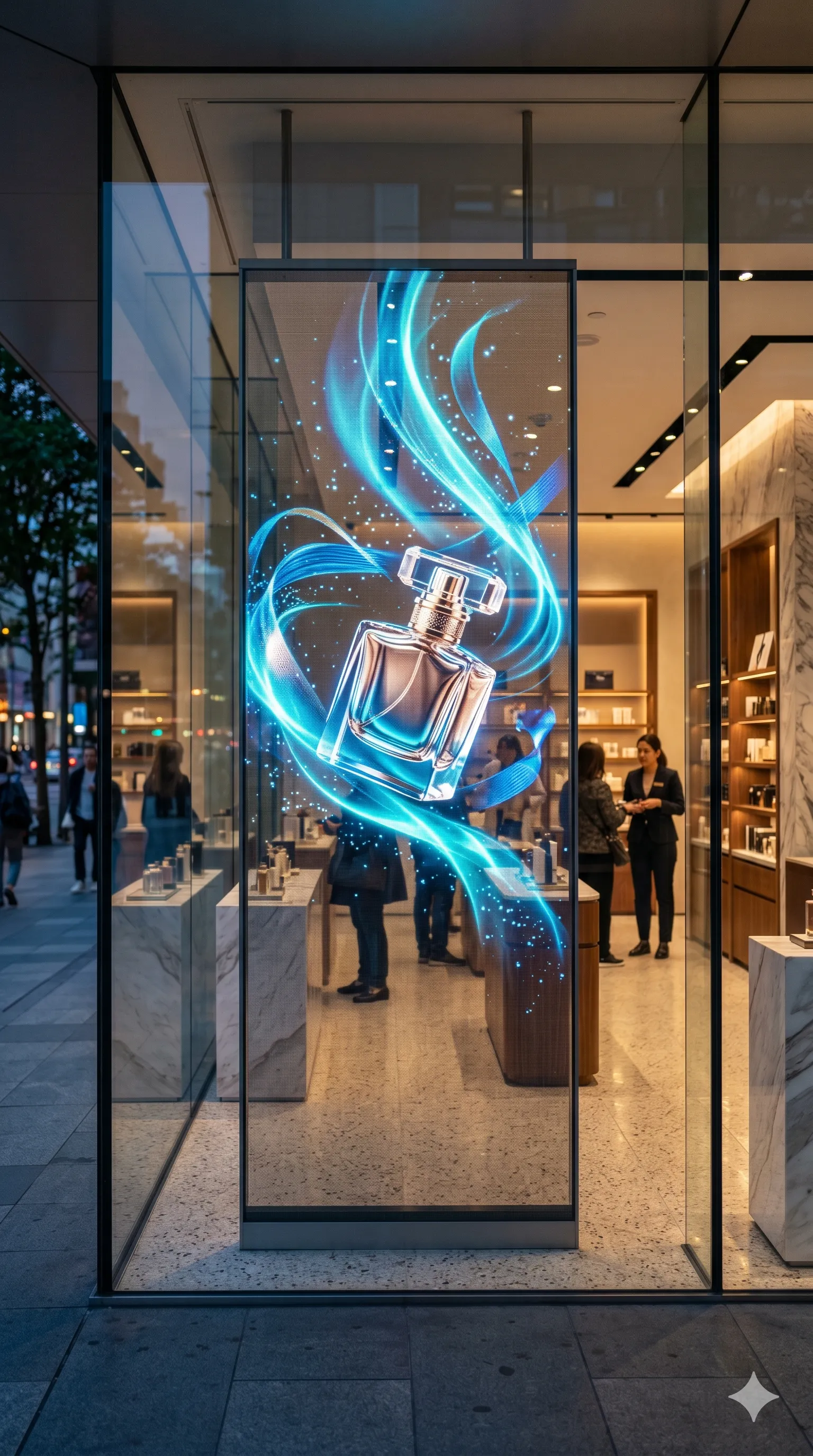 Transparent LED display on a glass storefront showing a glowing perfume advertisement